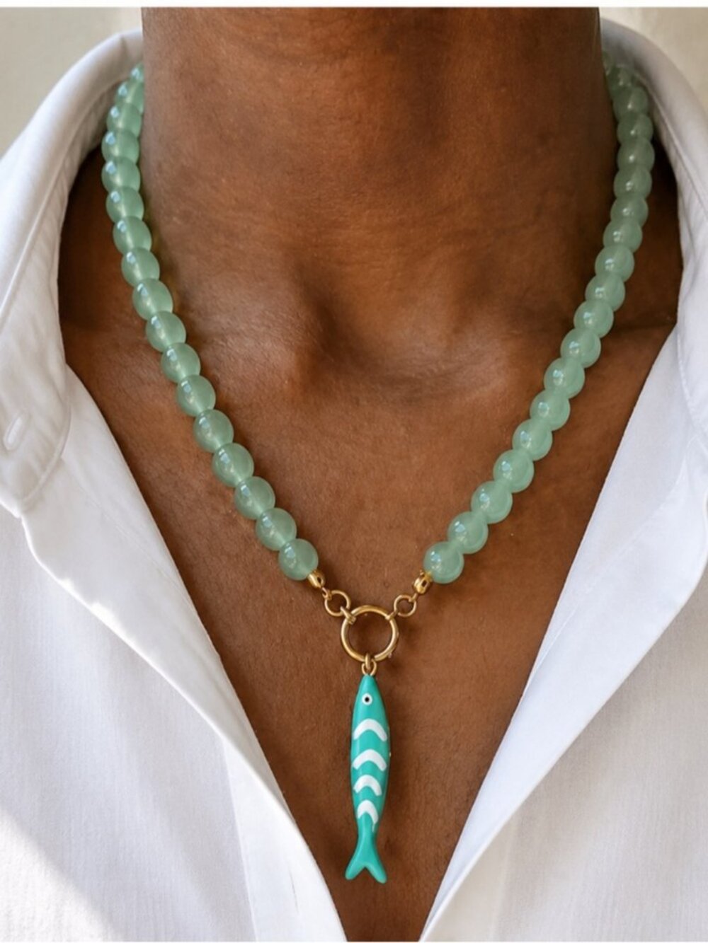 New! Coastal Sea Green Fish Charm Beaded Necklace (4011) NWOT